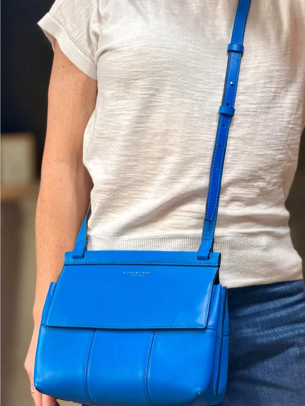 Tory Burch Classic 2010’s Block-T Box Satchel‎ Crossbody Cobalt Blue EUC